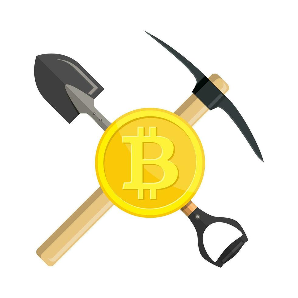 Golden bitcoin and pickaxe vector