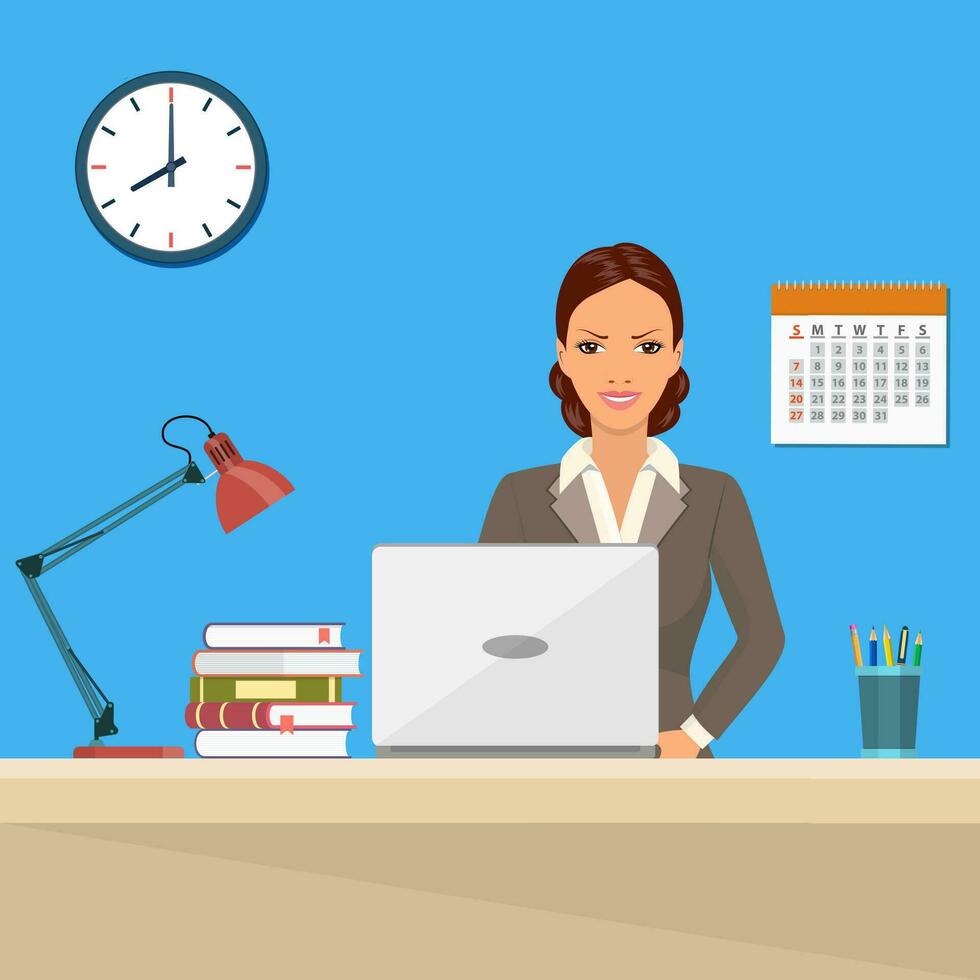 businesswoman Sitting Desk Working Laptop vector