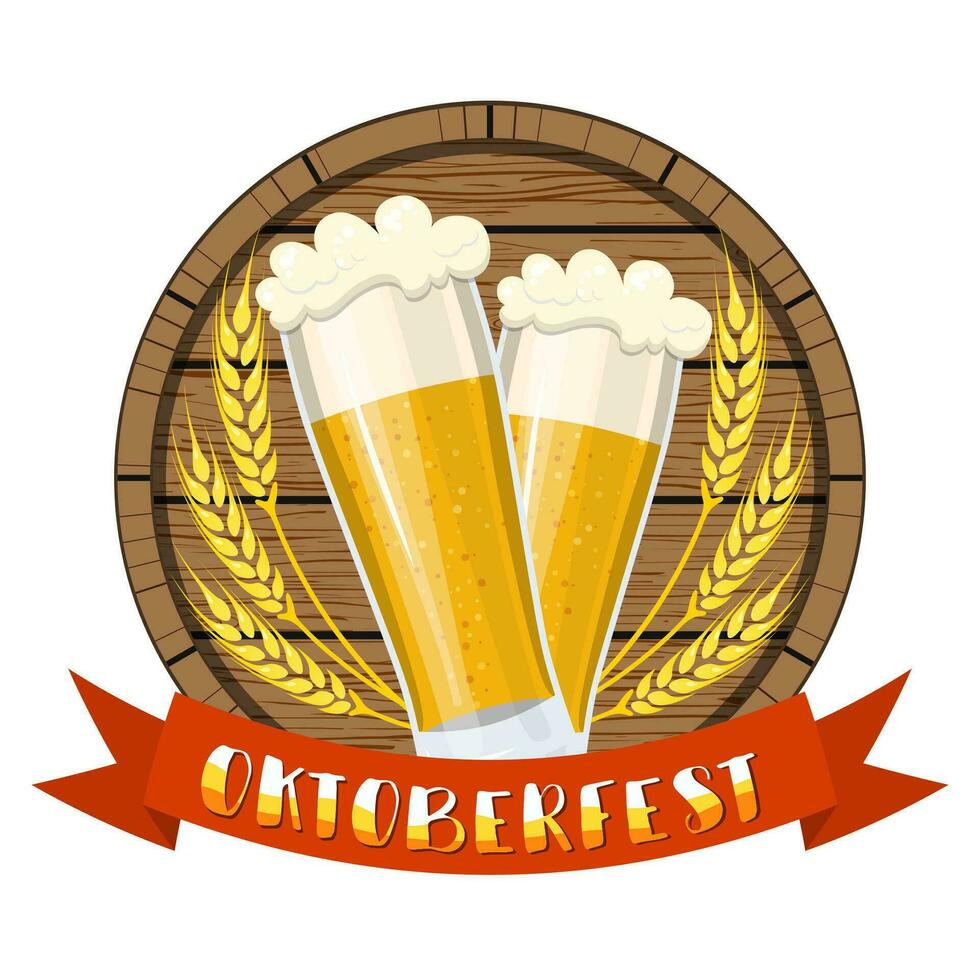 Glass of beer on a wooden barrel. vector