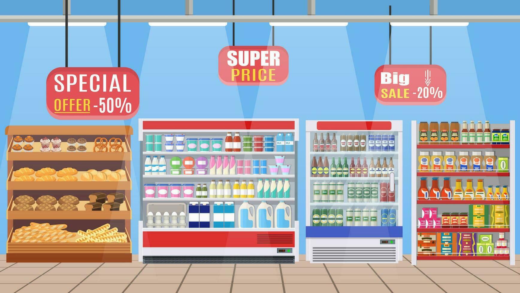 Supermarket store interior with goods. B vector