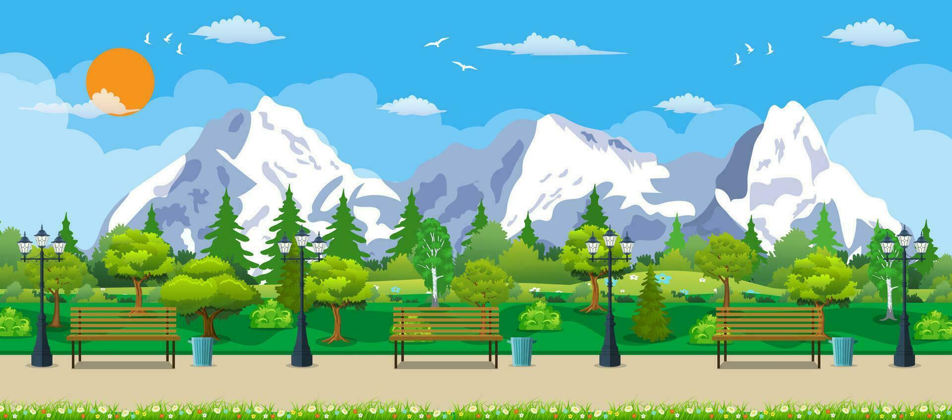 Mountain park concept, wooden bench, vector