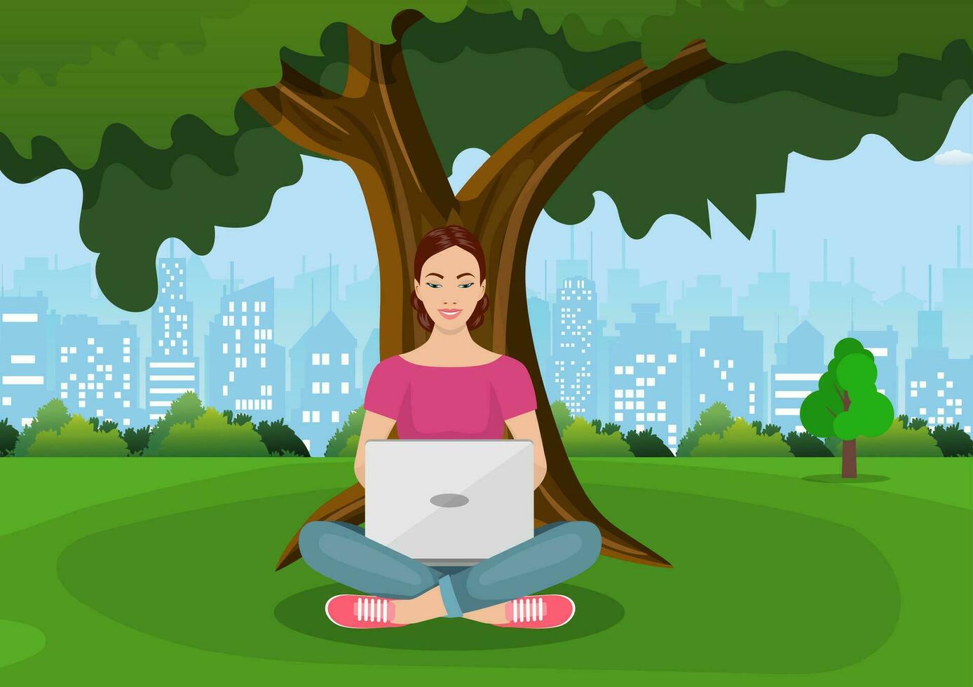 Young woman works in park with computer vector