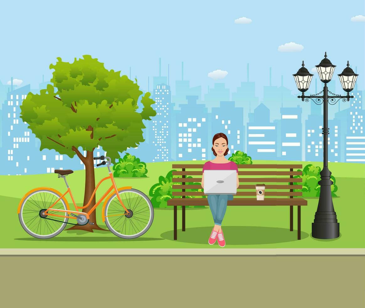 Young woman works in park with computer vector