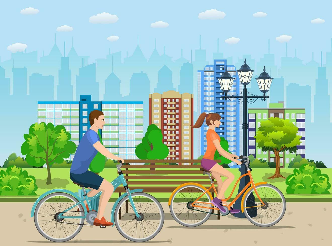 Couple Riding Bicycles In Public Park, vector