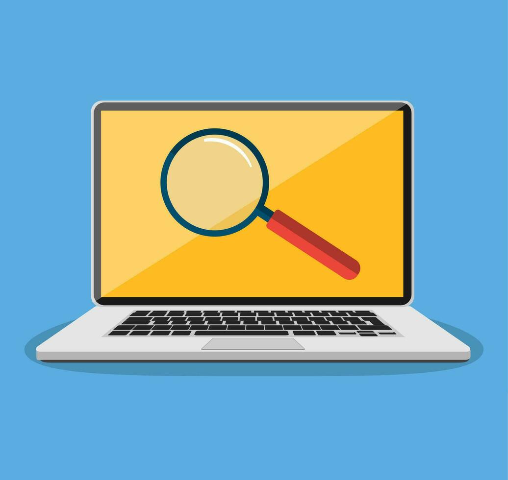 Laptop with magnifying glass on screen. vector
