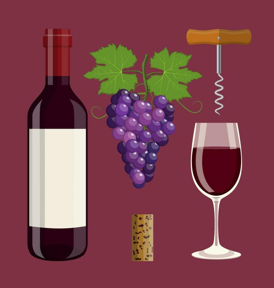 Bottle, glass, cork, corkscrew vector