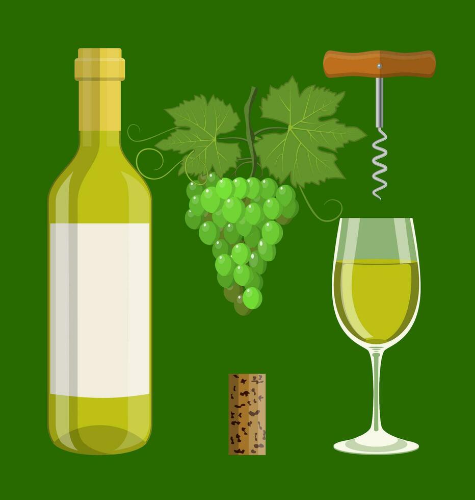 Bottle, glass, cork, corkscrew vector