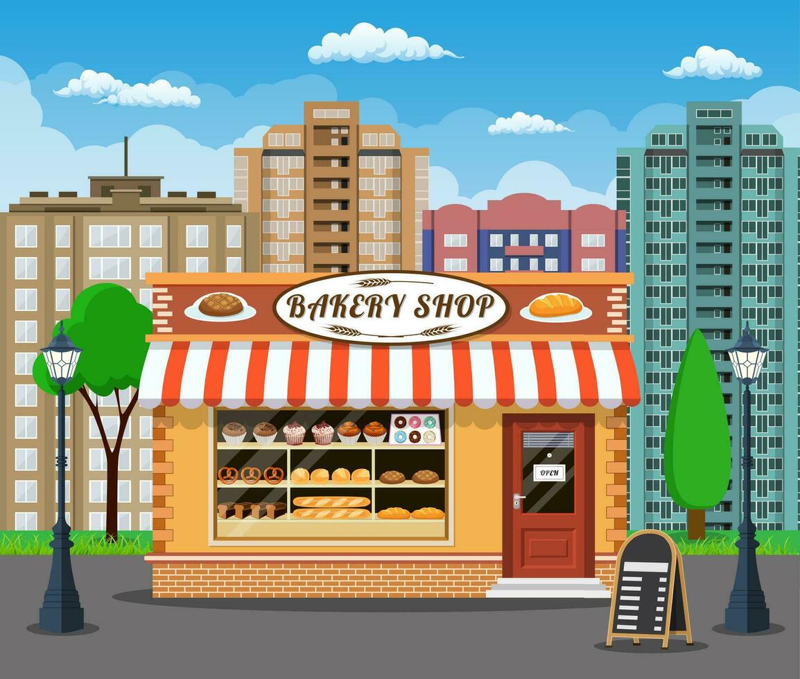 Bakery shop front veiw flat icon. vector