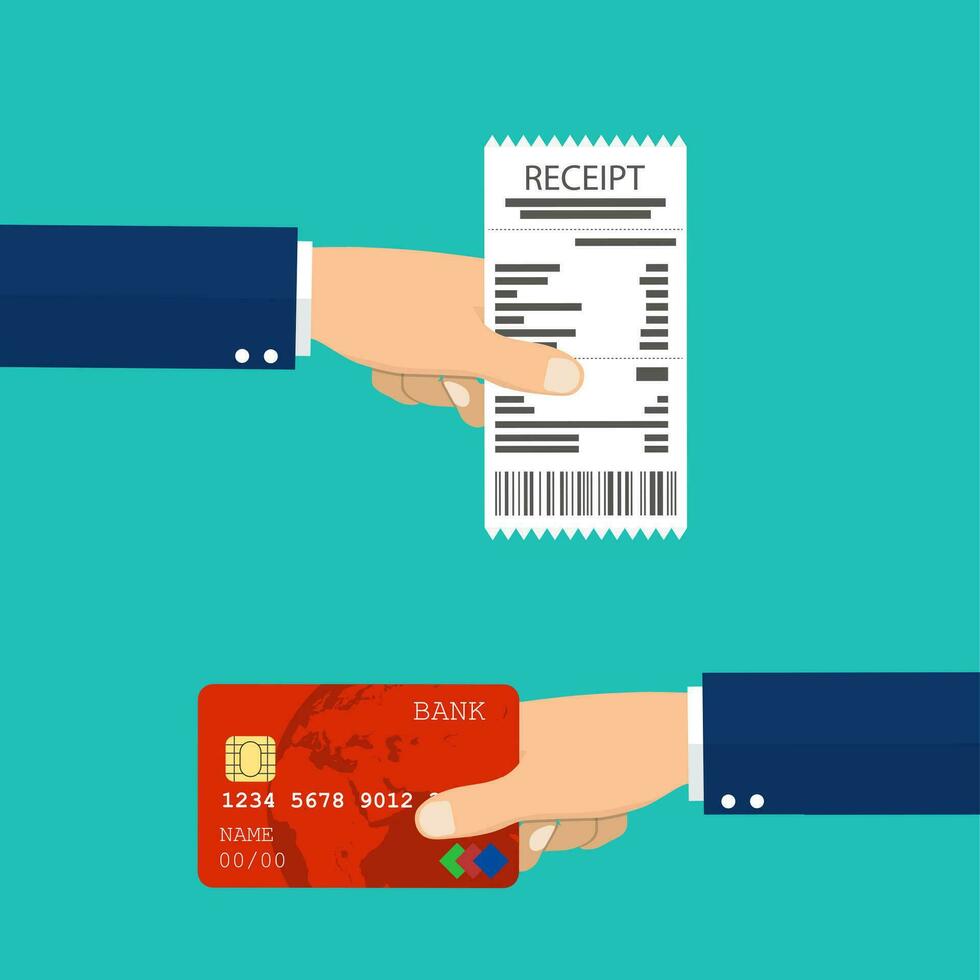 Hand holding receipt and hand holding credit card. vector
