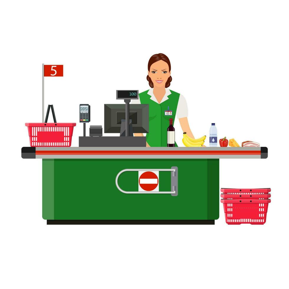 Woman cashier smiles buyer near the cash register vector