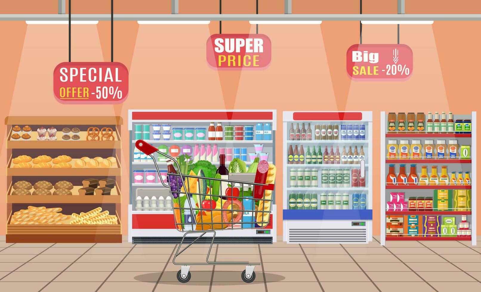 Supermarket store interior with goods. vector