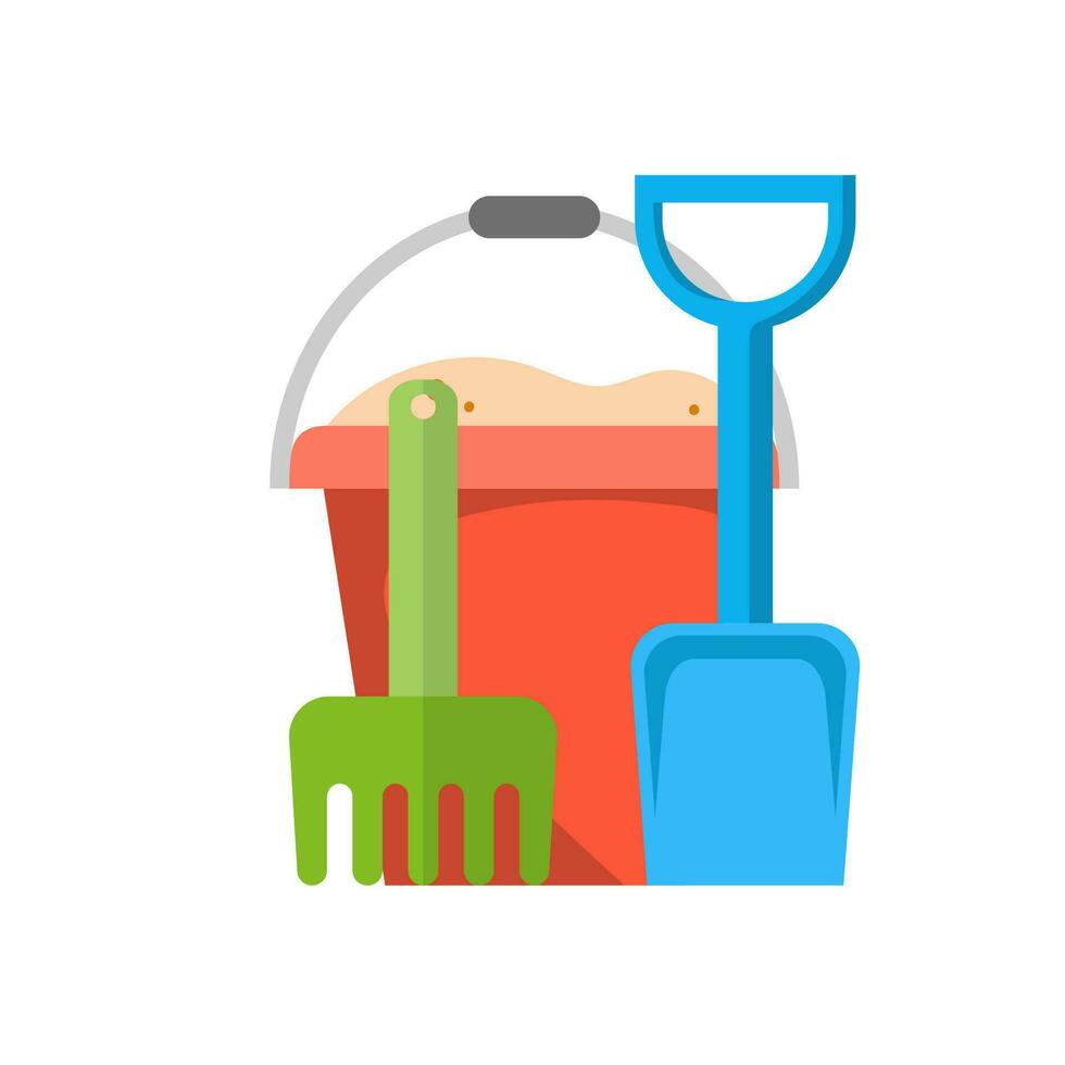 Bucket, rake and shovel with sand vector