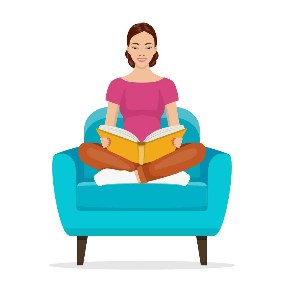 mujer joven leyendo un libro en una silla en casa vector