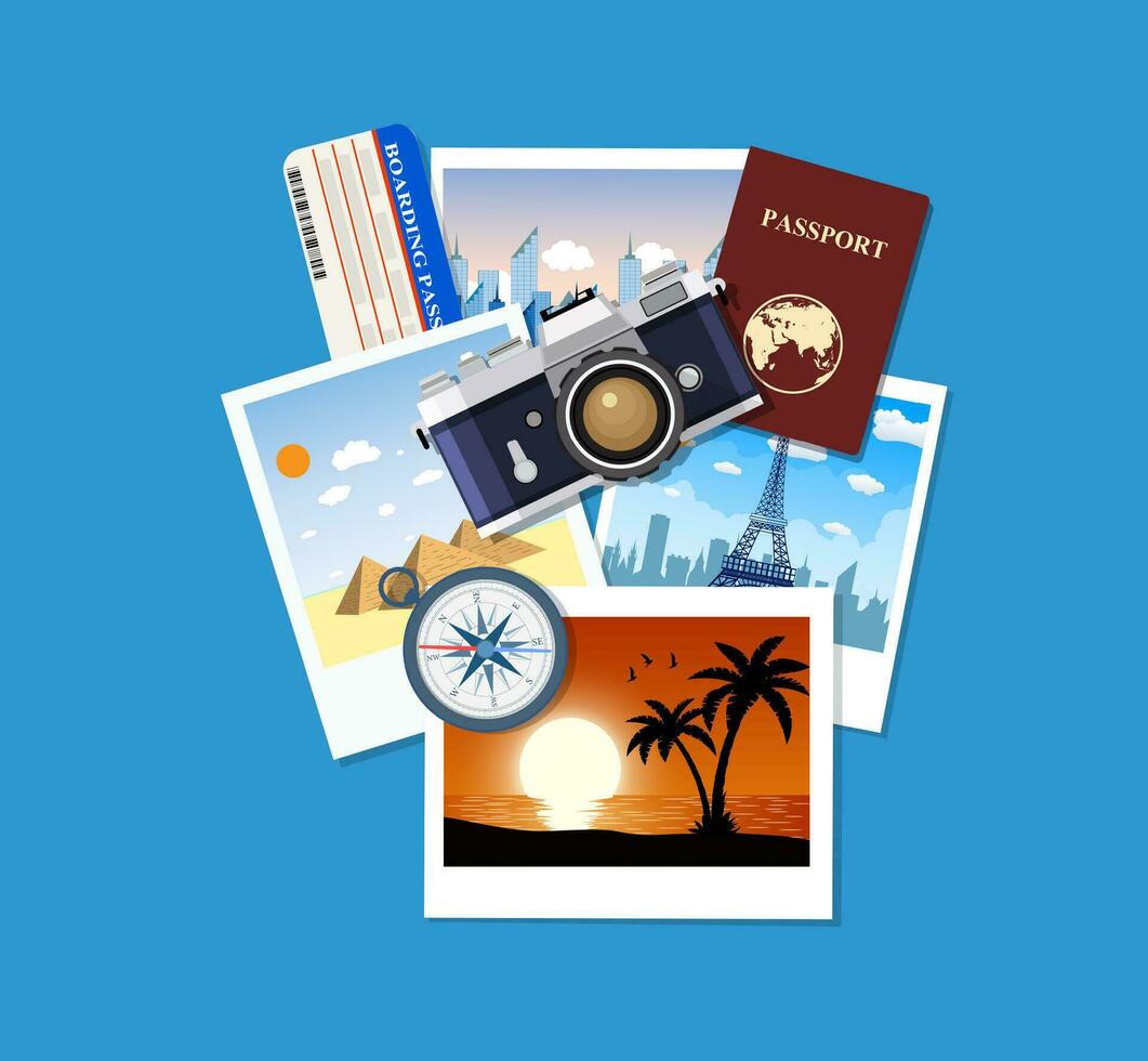 Travel concept. Photo camera and photos, vector