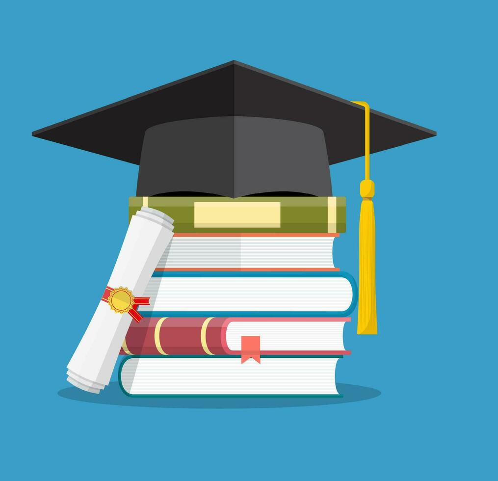 Graduation cap on books stacked, vector