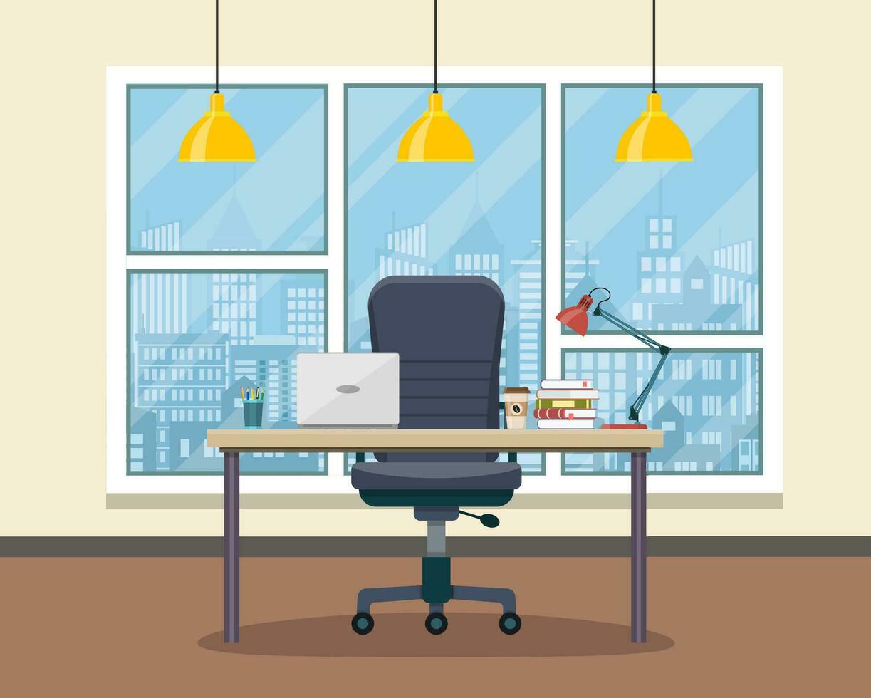 oficina lugar de trabajo con mesa, estantería, ventana. vector