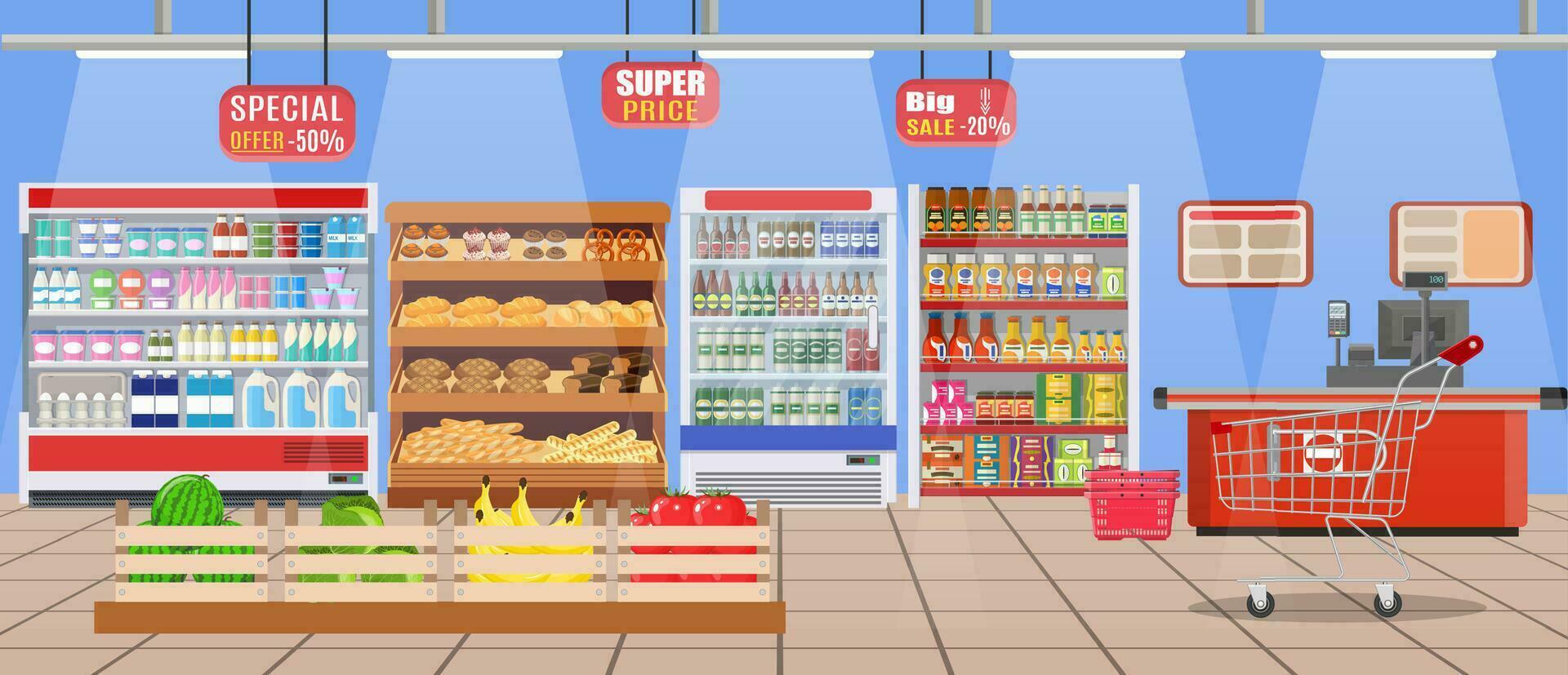 Supermarket store interior with goods. vector
