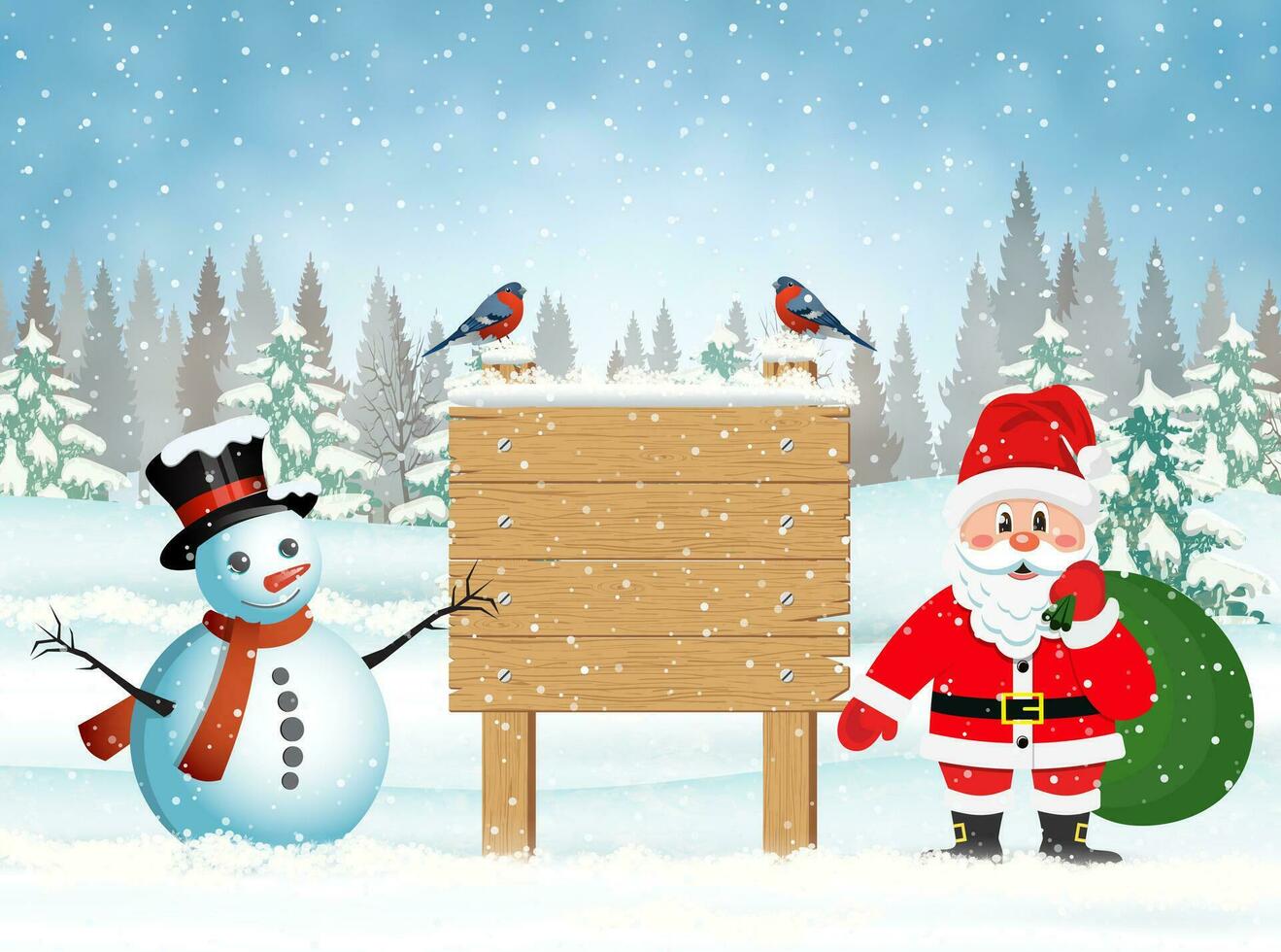 Santa Claus with gift bag and snowman vector