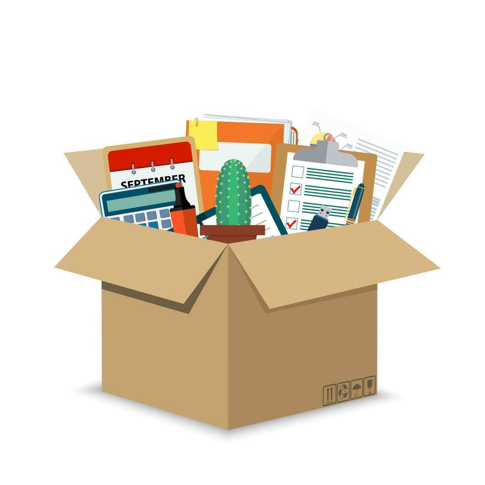 Office accessories in a cardboard box vector