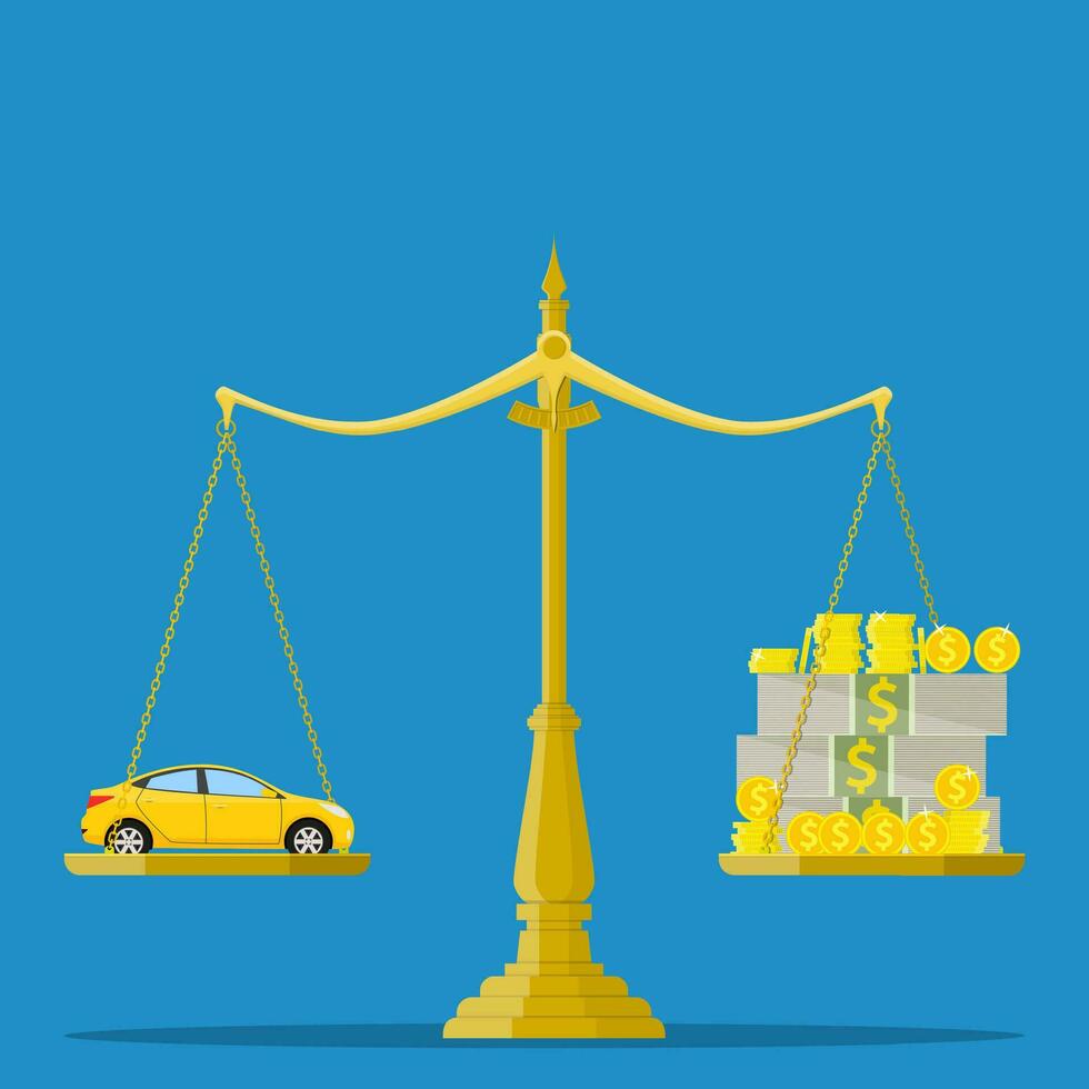 Scales with car and money, flat style. vector