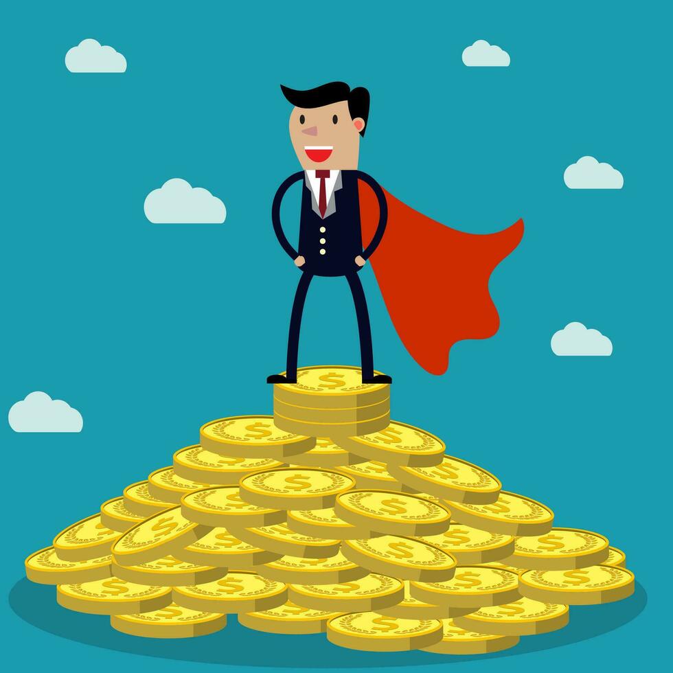 businessman standing on huge pile of money. vector