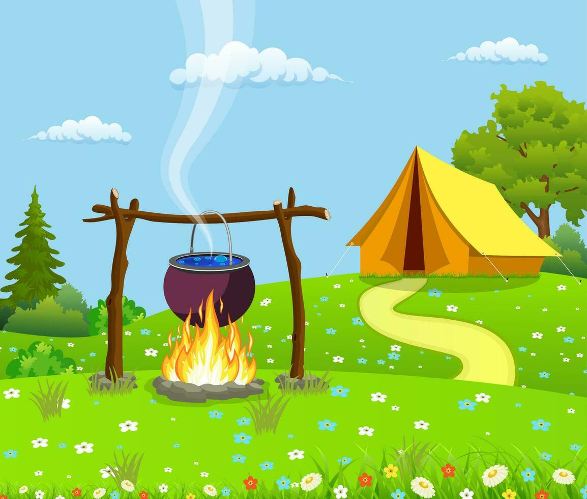 Black camping pot over a bonfire vector