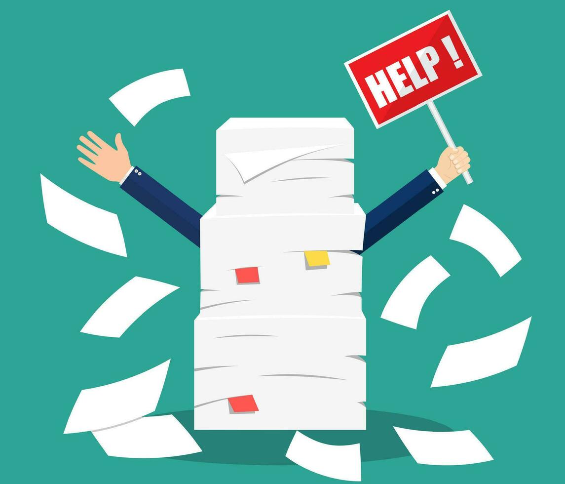 Stressed businessman under pile of office papers vector