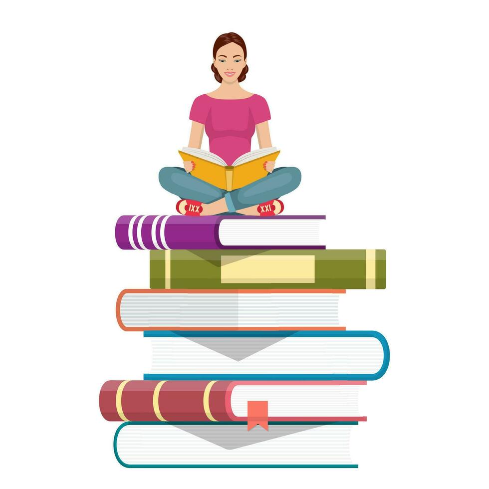 Young Woman Sitting on the Stack of Books vector