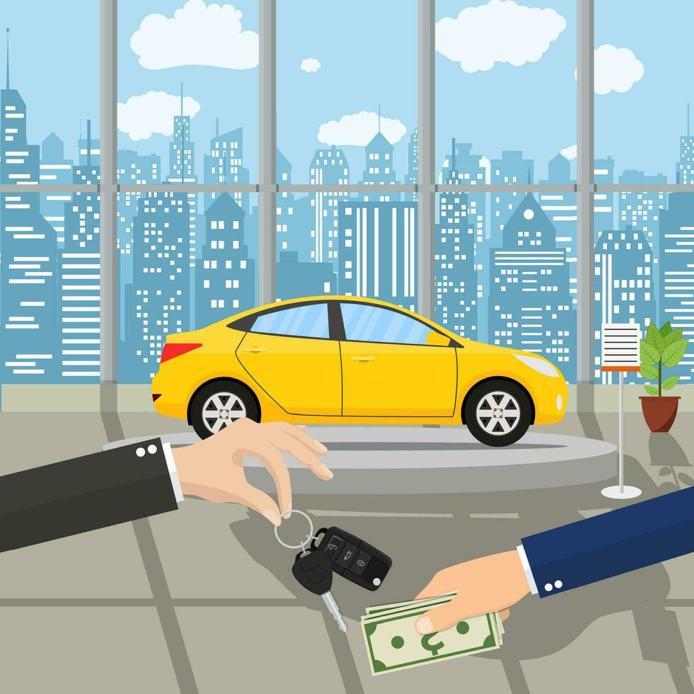 hand gives car keys to another . vector