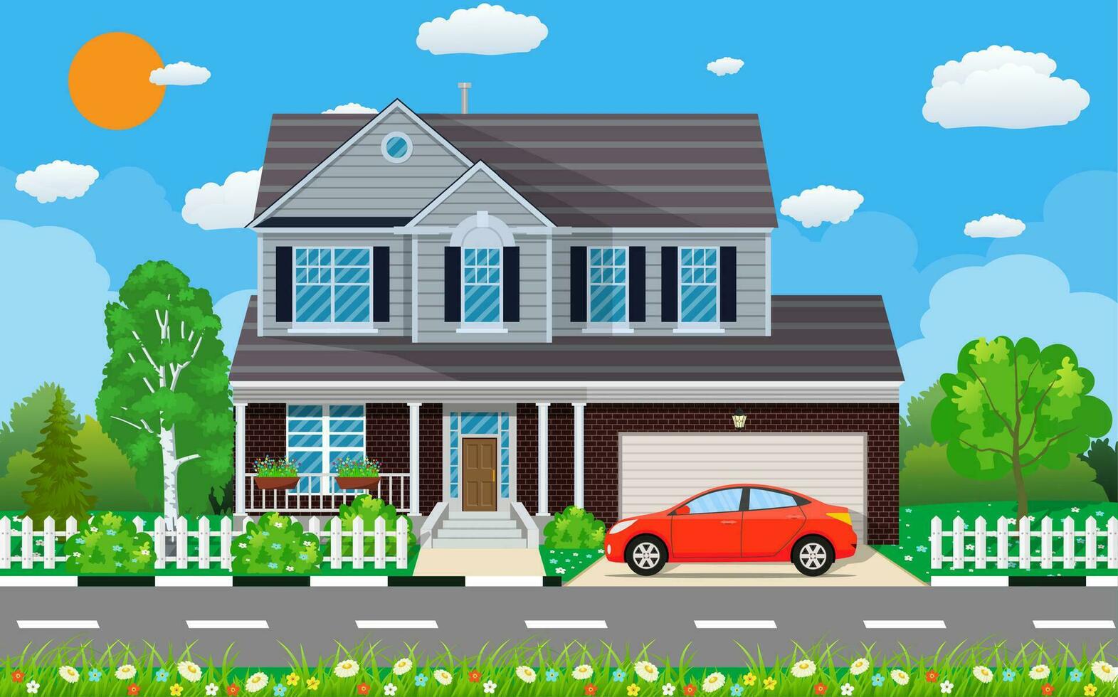 Private suburban house with car, vector