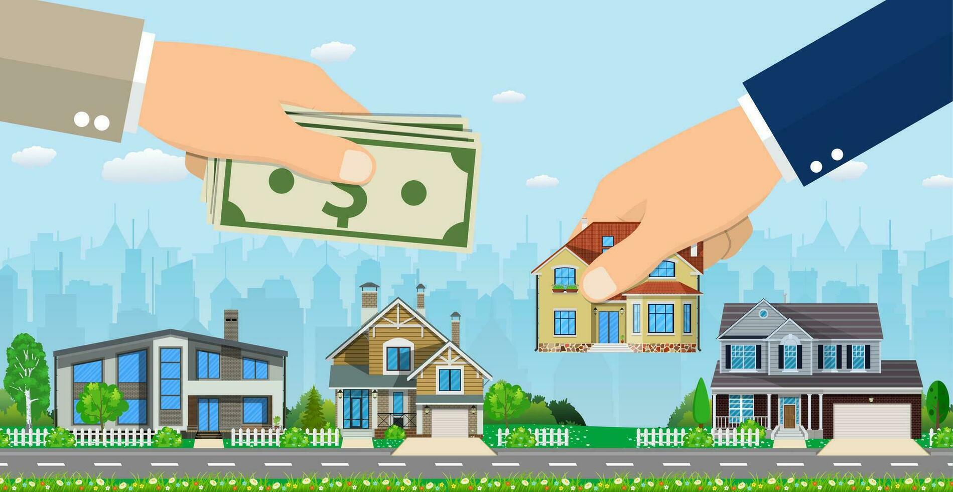 Human hand holding right house and money, vector