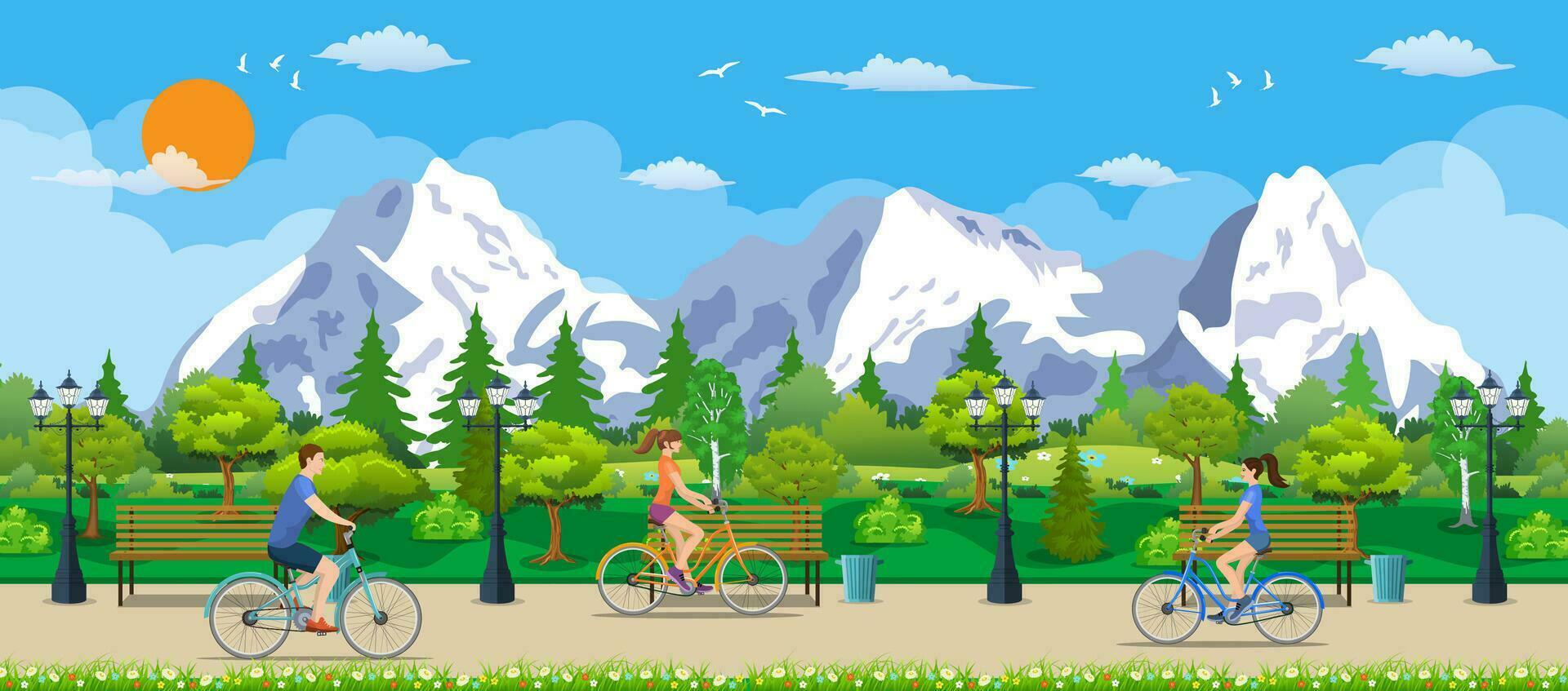 Riding Bicycles In Public Park, vector