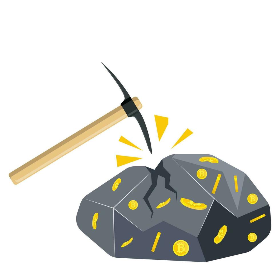 Golden coin with computer chip and pickaxe. vector