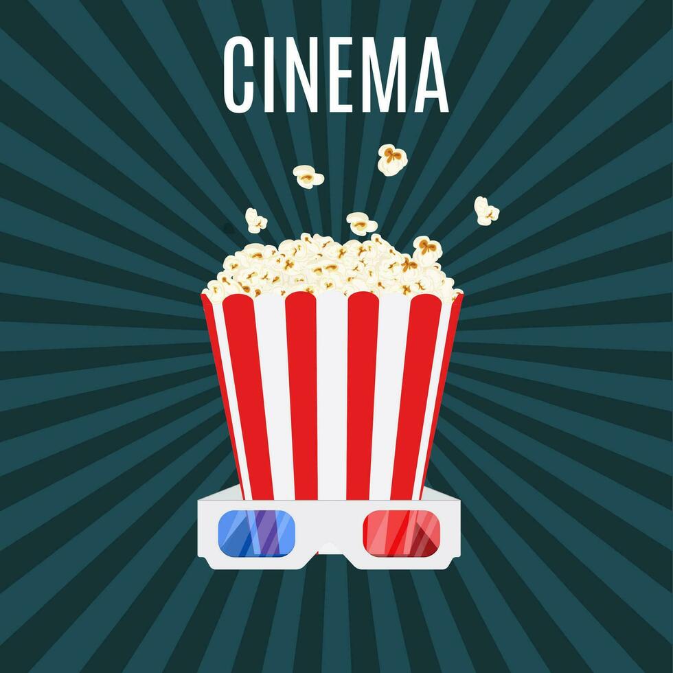 box of popcorn and 3d cinema glasses vector