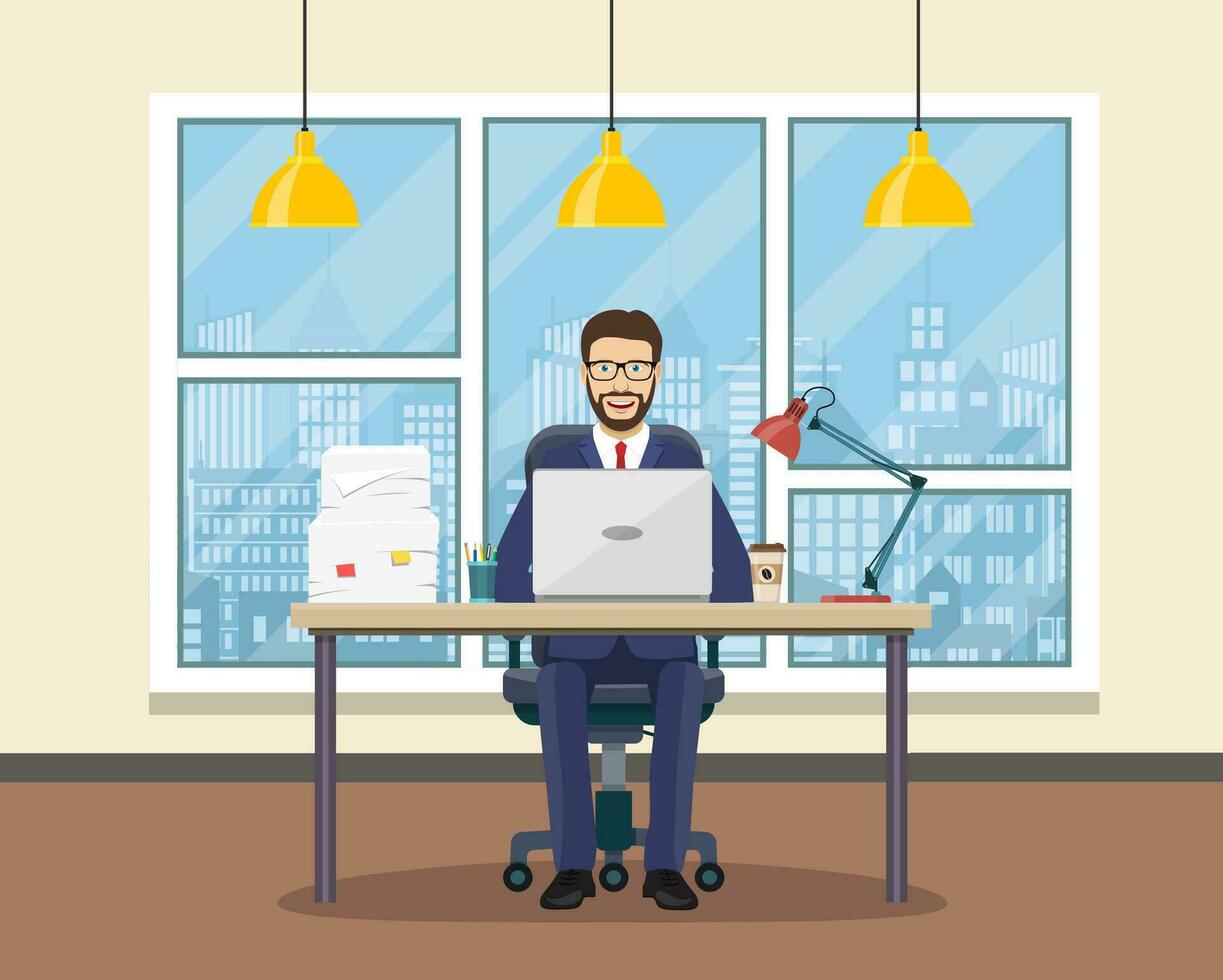 oficina lugar de trabajo con mesa, estantería, ventana. vector