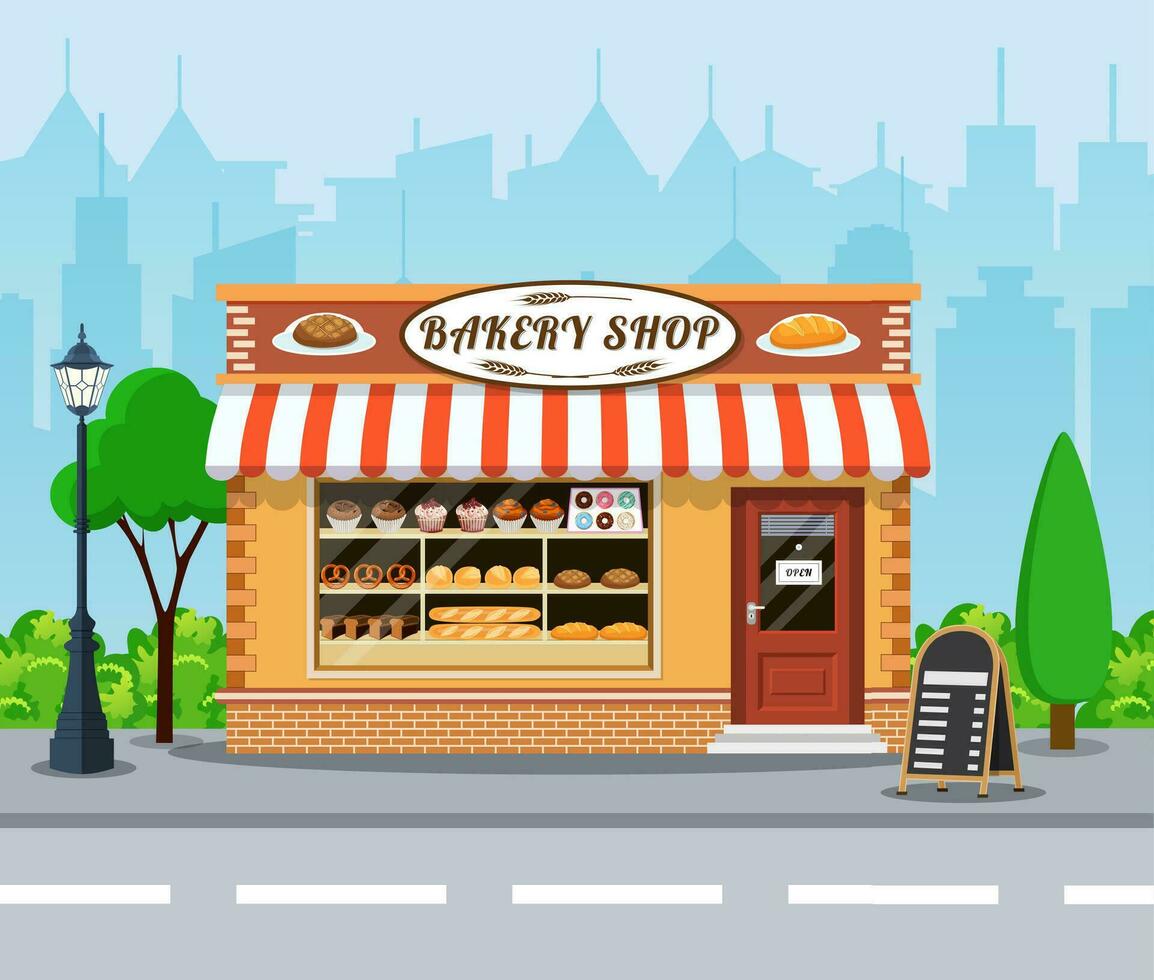 Bakery shop front veiw flat icon. vector