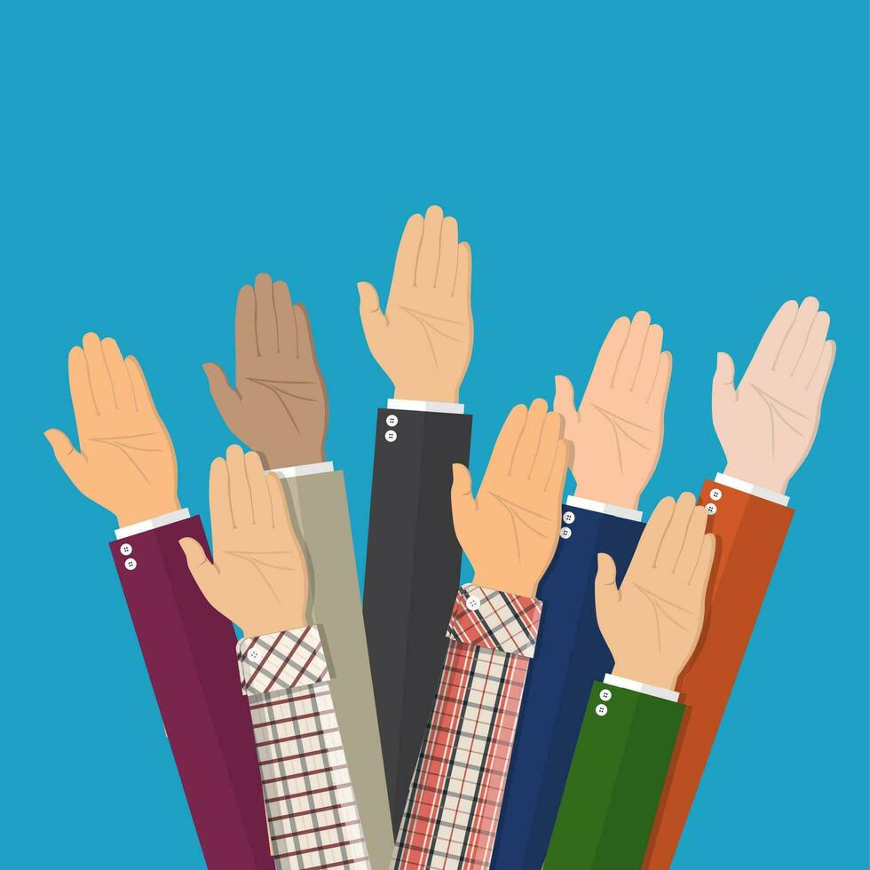 Raised up hands. People vote hands. vector