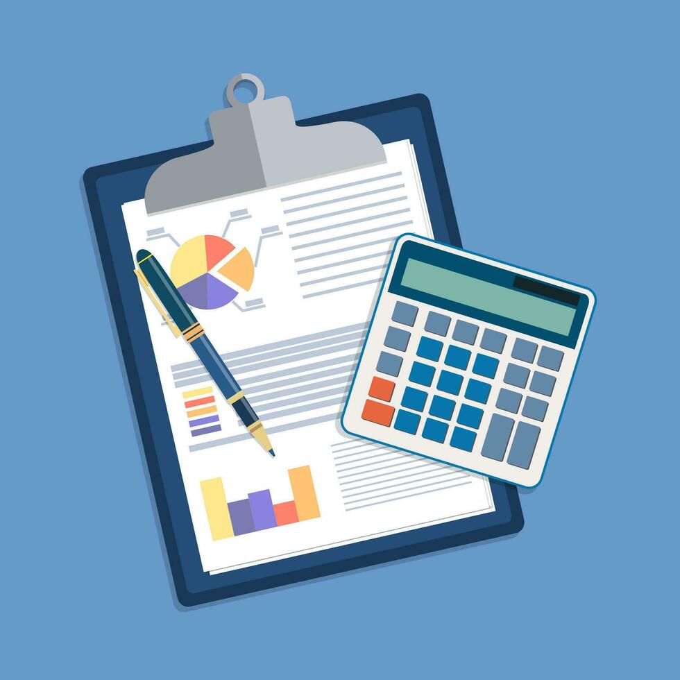 clipboard with financial reports and pen. vector