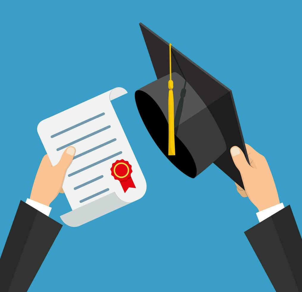 Concept of education. Graduation hat and diploma with stamp and ribbon in hands of student. vector illustration in flat style