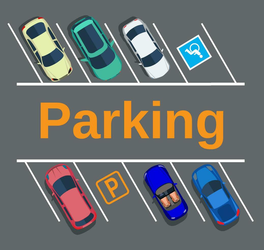 City parking lot with different cars. vector