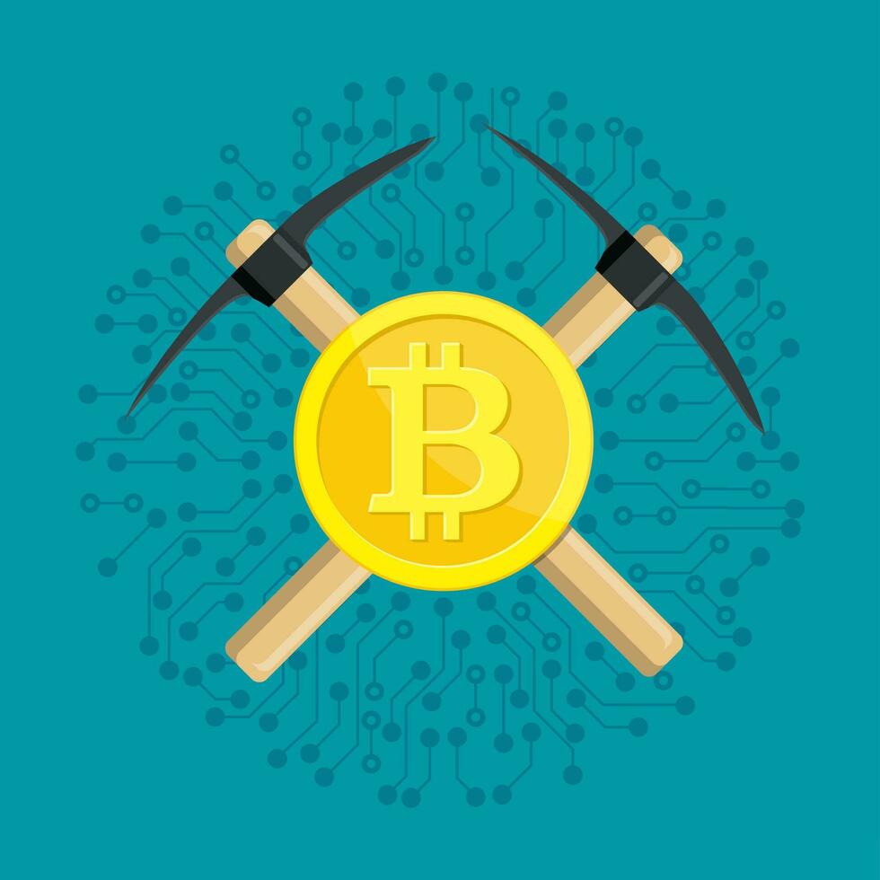 Golden bitcoin and pickaxe vector
