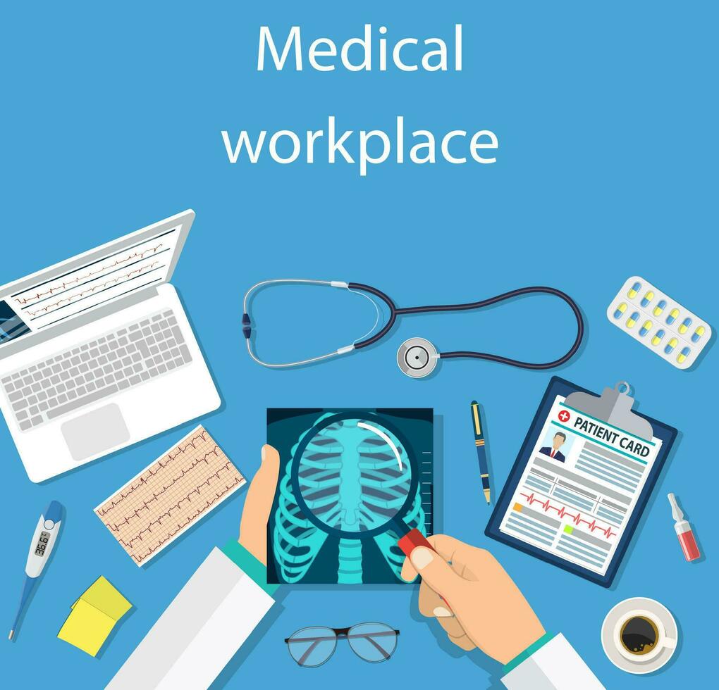 Top view of doctor workplace, vector