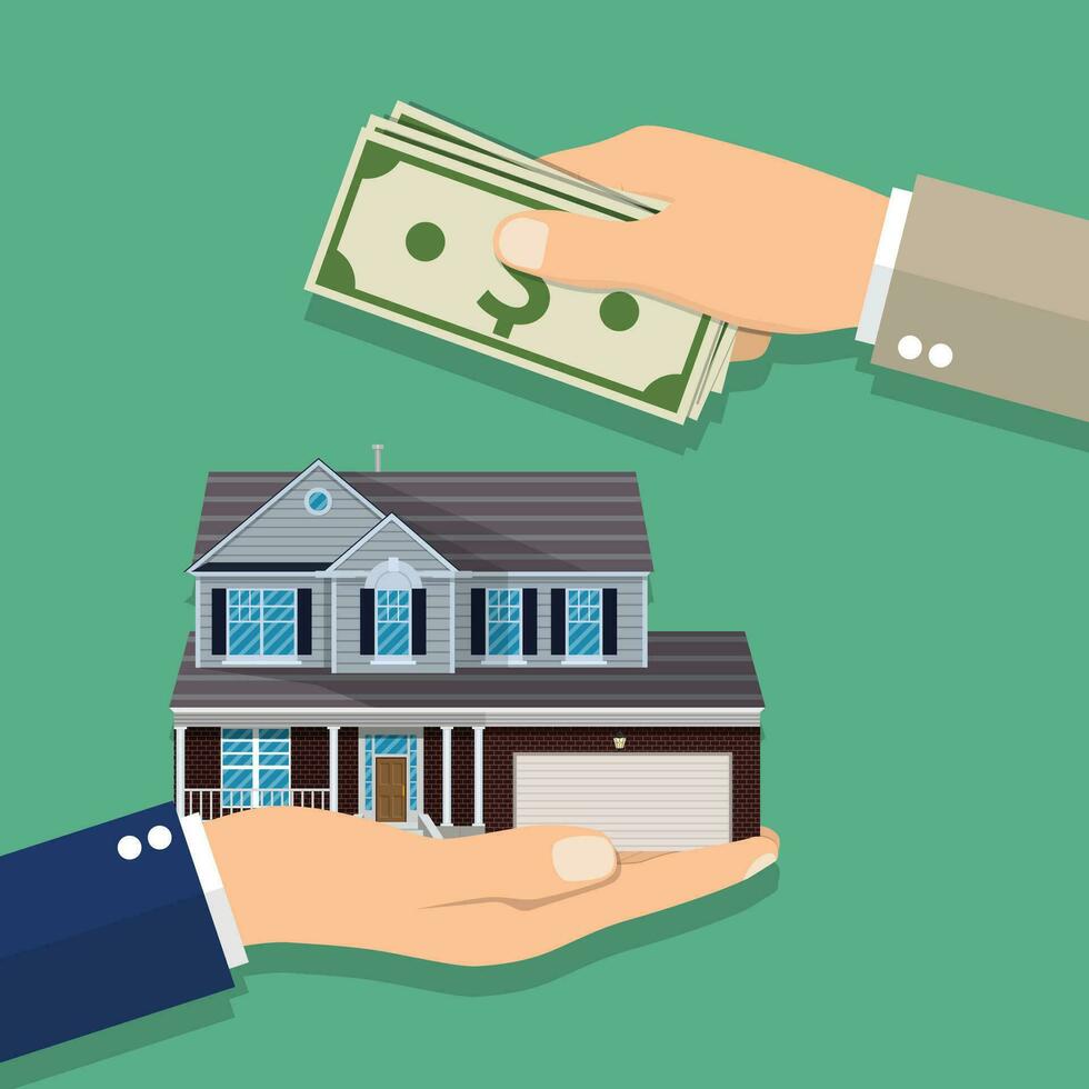 Hands with money and house. vector
