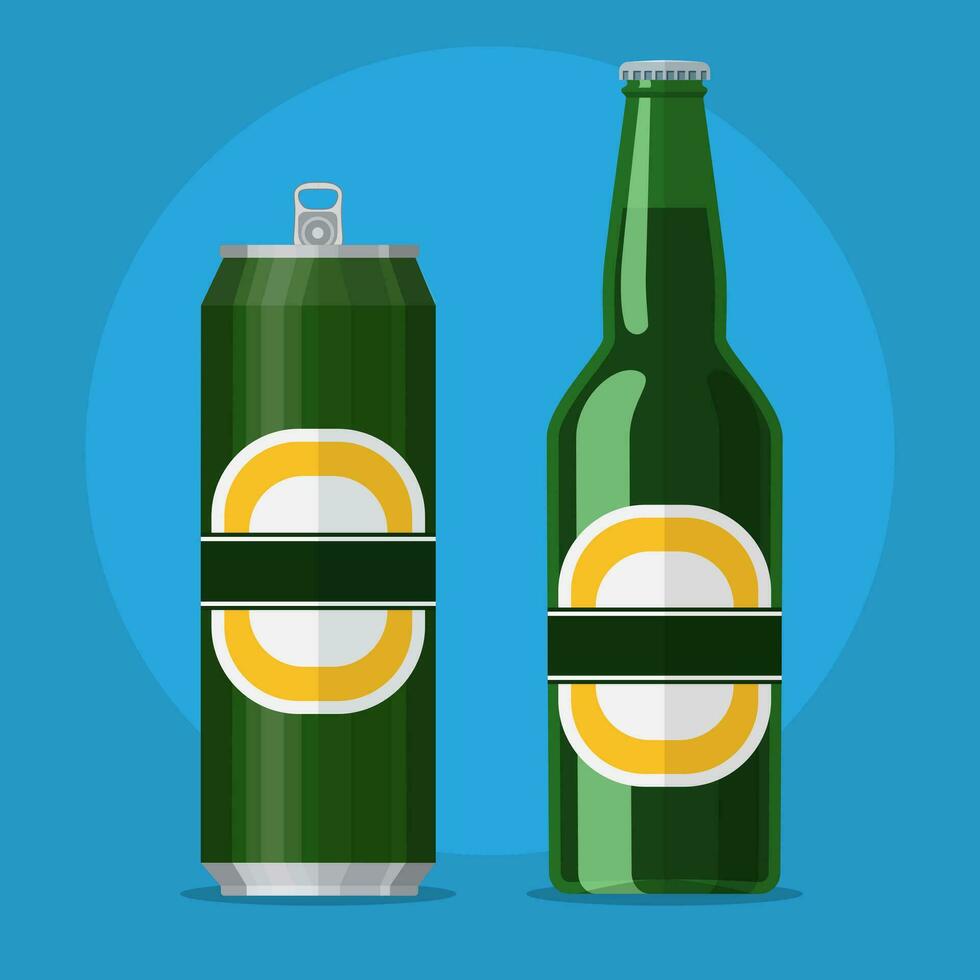 Green bottle and can with beer on blue background vector