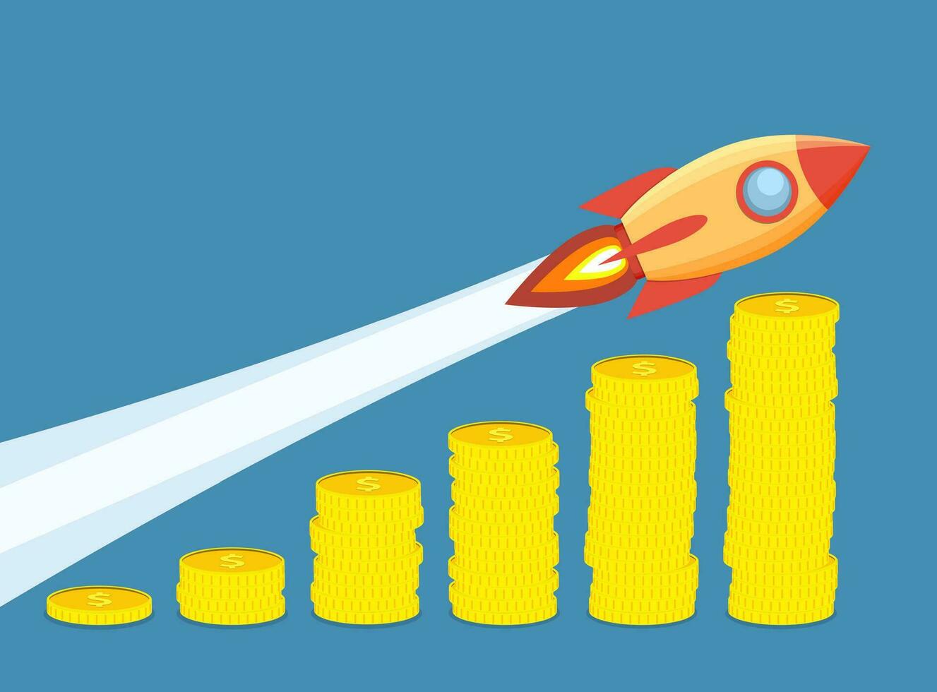 Rocket flying up on coins growth chart. vector