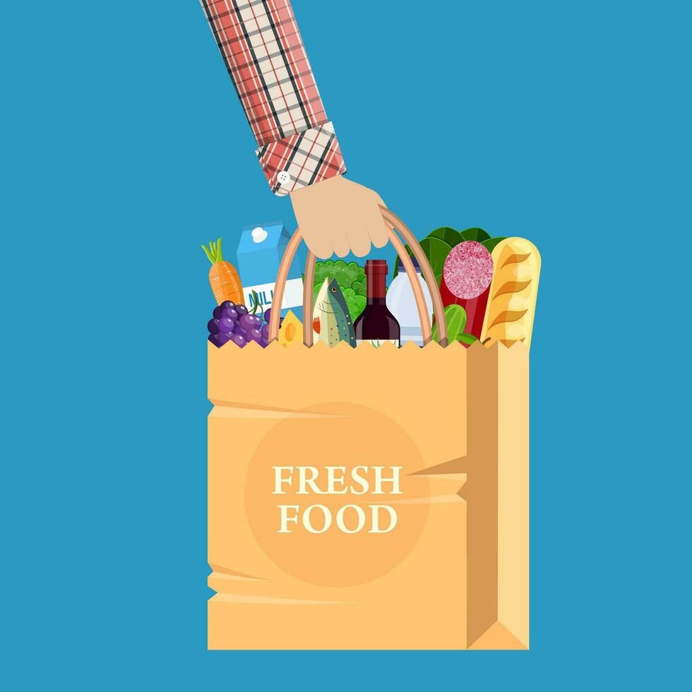 Paper shopping bag full of groceries products vector