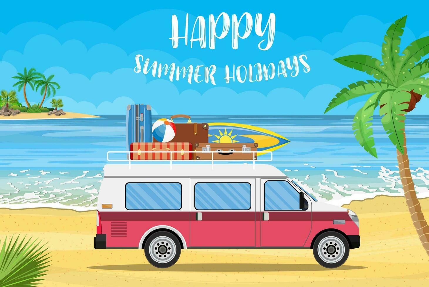 travel van with surfboard and suitcases vector