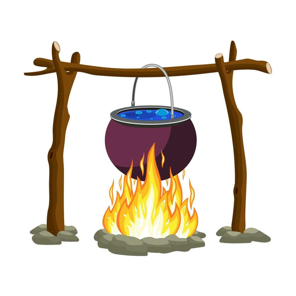 Black camping pot over a bonfire vector