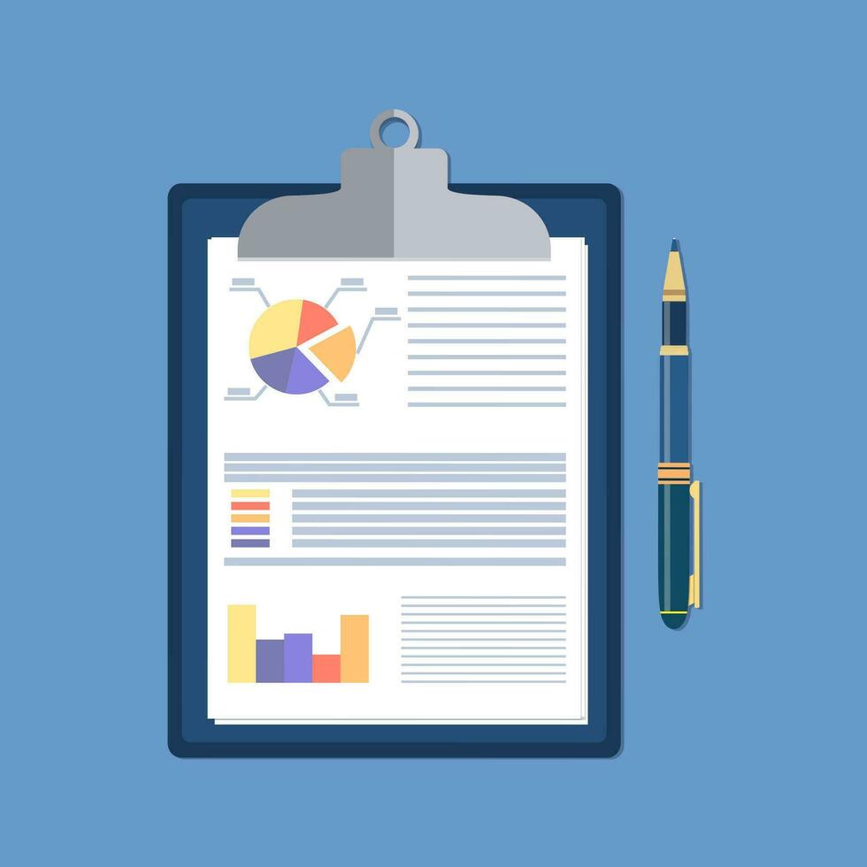 clipboard with financial reports and pen. vector