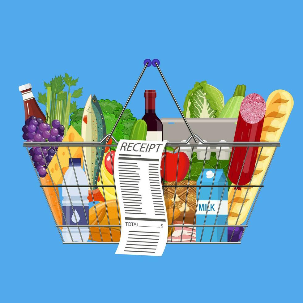 el plastico compras cesta lleno de comestibles productos vector